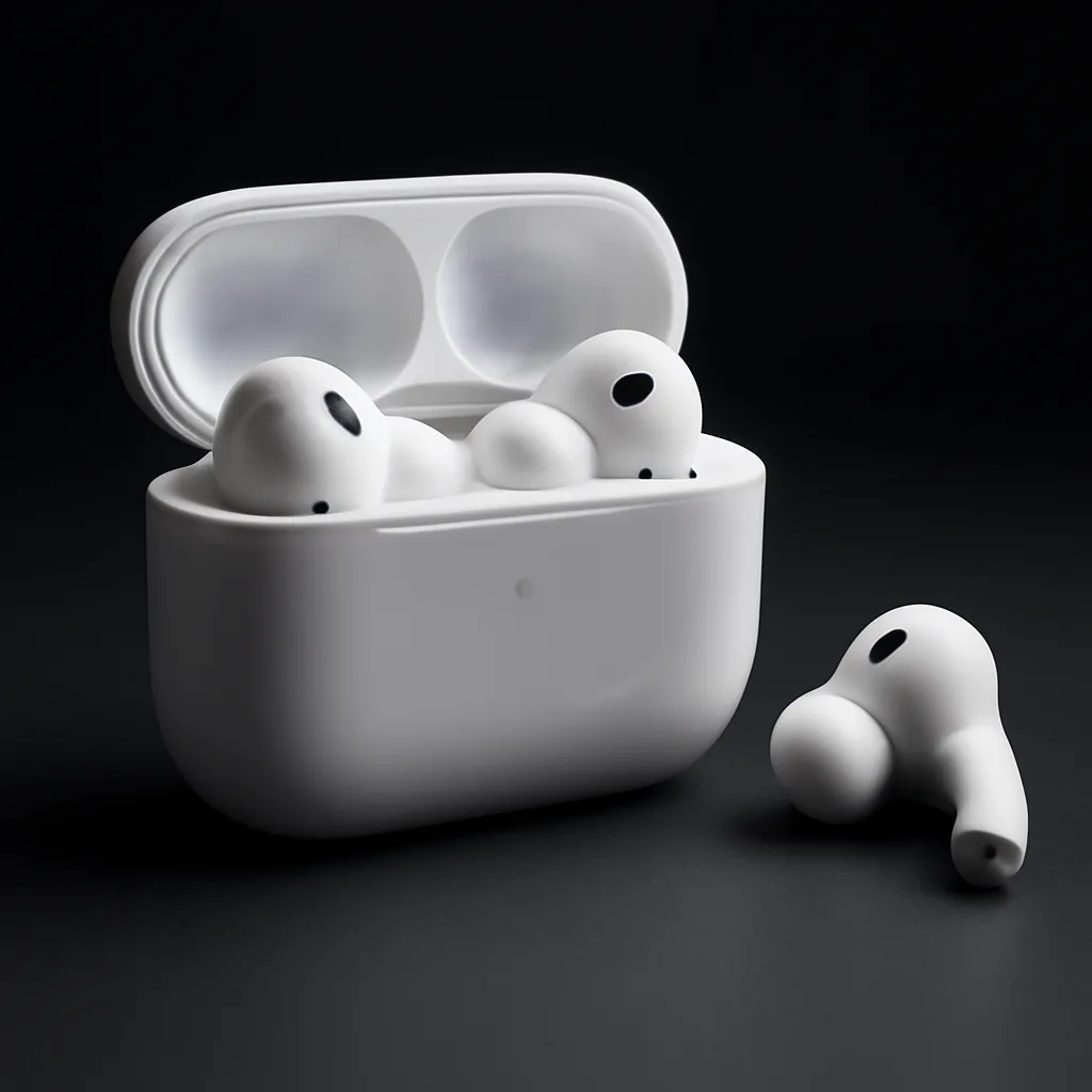 Wireless earbuds with charging case on a sleek