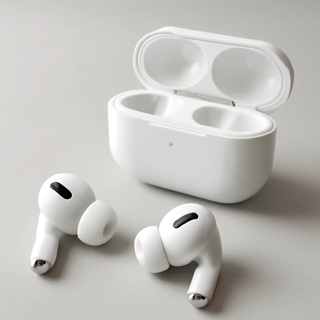 close-up of premium wireless earbuds with charging case