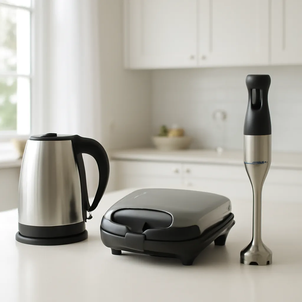 modern kitchen countertop with a stainless electric kettle,