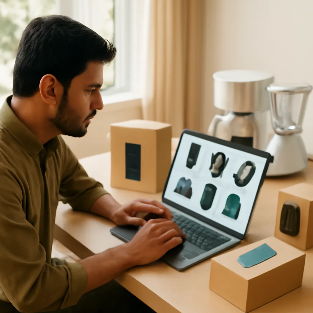 Pakistani online shopping lifestyle scene with person browsing