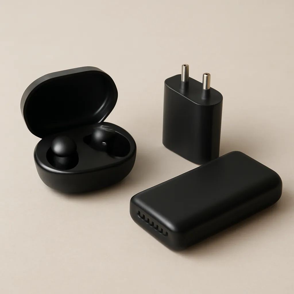wireless earbuds, mobile charger, and power bank displayed