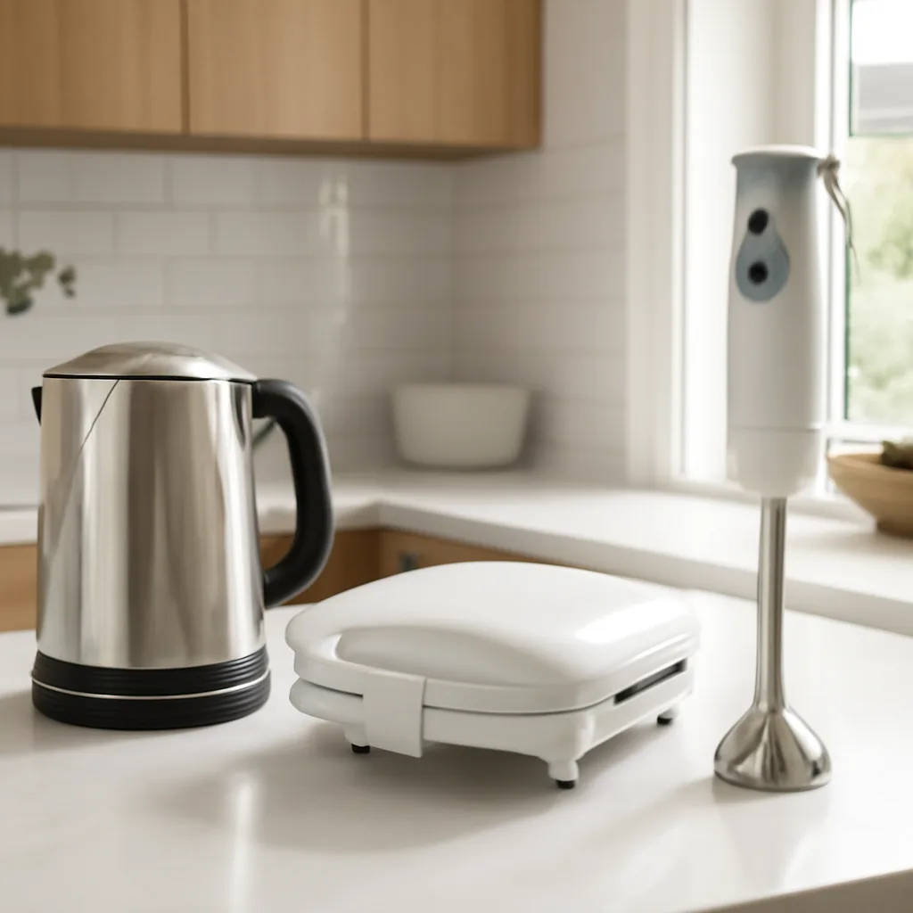 modern kitchen counter with electric kettle, sandwich maker,